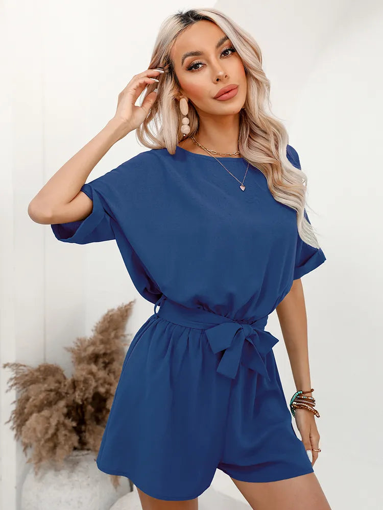 EVELYN - Romper suit with belt and round neckline
