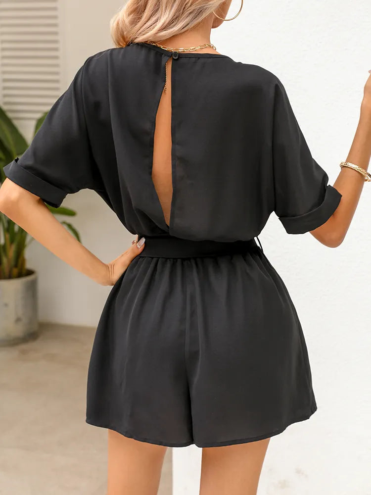 EVELYN - Romper suit with belt and round neckline