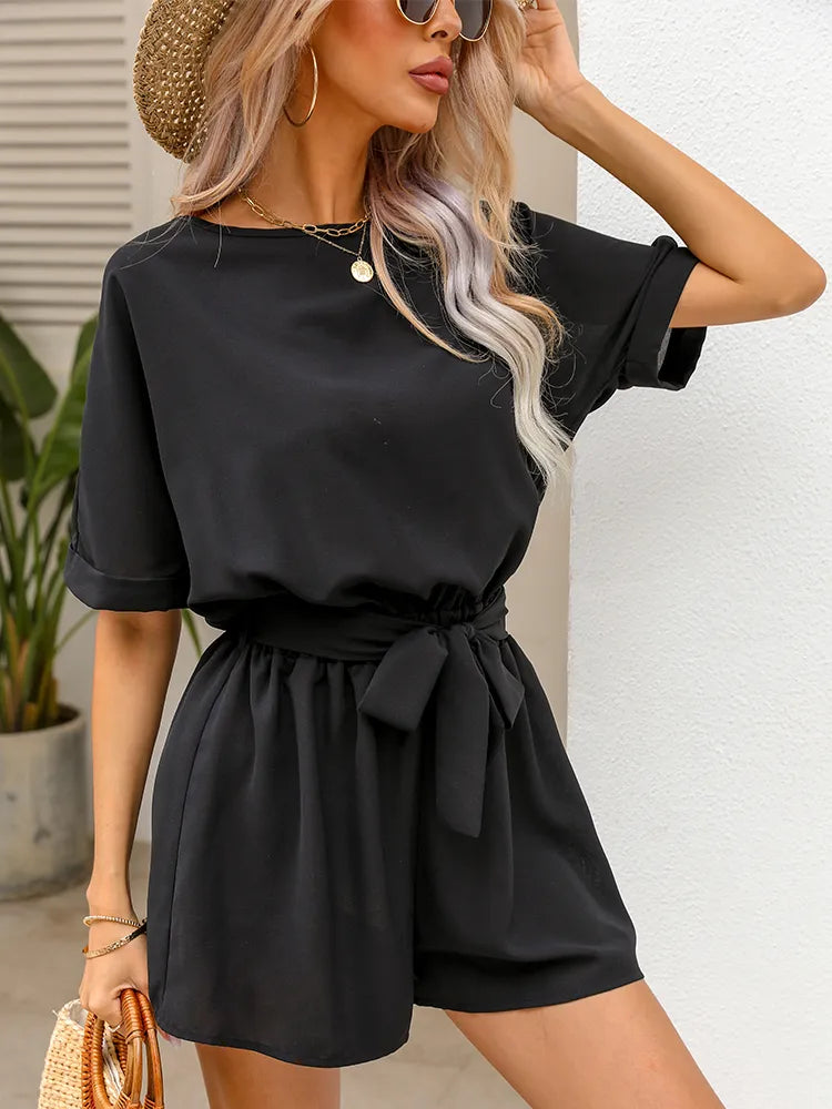 EVELYN - Romper suit with belt and round neckline