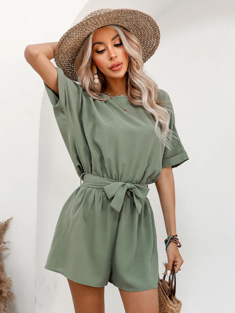 EVELYN - Romper suit with belt and round neckline