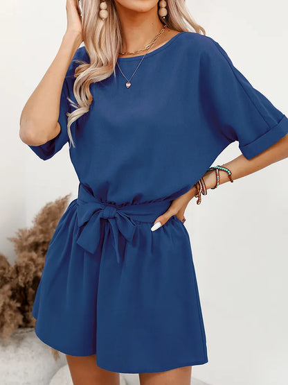 EVELYN - Romper suit with belt and round neckline