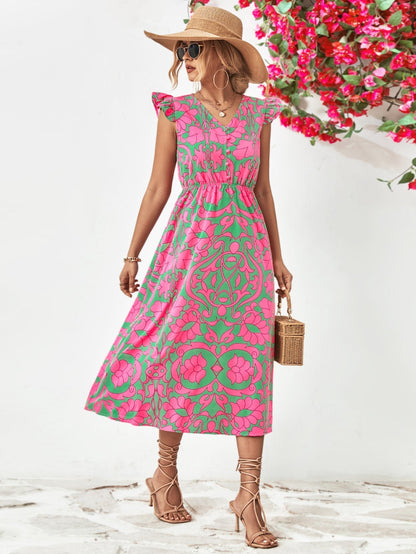 WENNY - Short-sleeved dress with flowered V-neckline